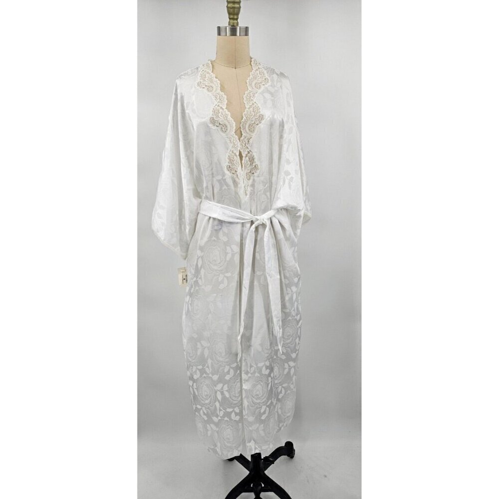 Vtg 90s New Linda Bis Robe Womens One Size White Satin Lace Pockets